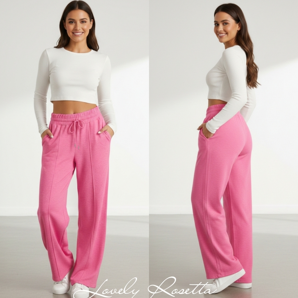 Women's Pink Wide Leg Drawstring Pants - Picture 6 of 12